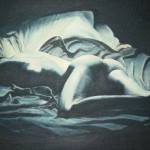 Mužský akt, 1997, olej na překližce, cca 80×45 cm, soukromá sbírka