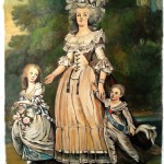 Marie Antoinette se svými dvěmi dětmi, 2017, kresba dle obrazu Adolfa Ulrika Wertmüllera(1785) Tužka, tuš, pastel a akvarel na papíře, cca 36,0×28,0 cm, soukromá sbírka